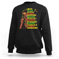 Black crewneck sweatshirt with colorful stacked “I AM BLACK” graphic on front