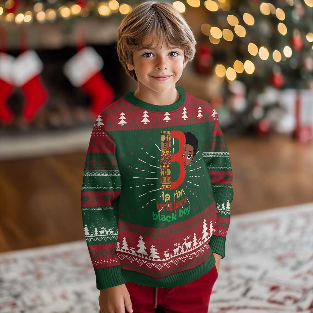 Green boy's knitted sweatshirt with holiday fair isle pattern and face graphic B