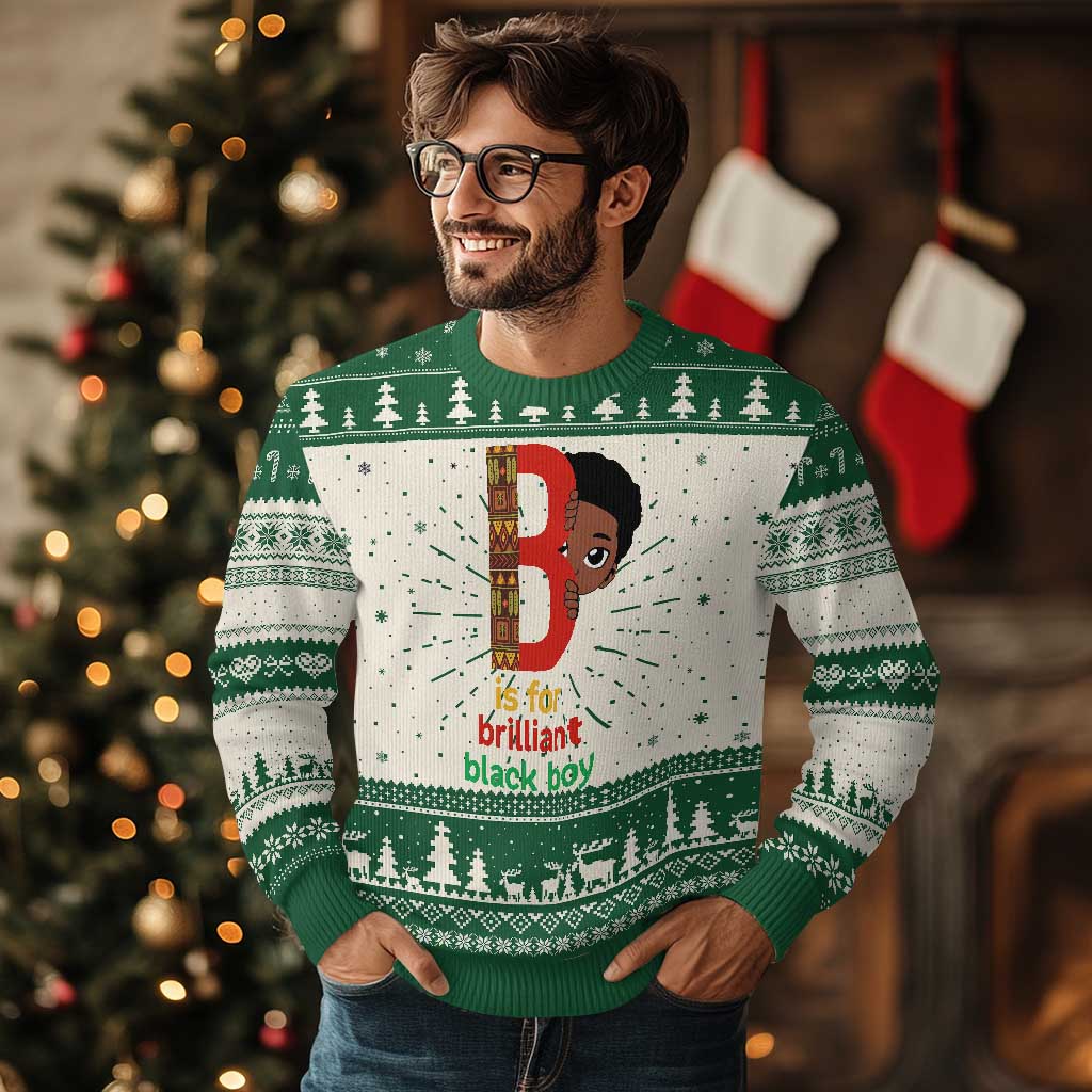 Green boy's knitted sweatshirt with holiday fair isle pattern and large letter graphic