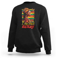 Black crewneck sweatshirt with "I Am Black HISTORY" graphic and portrait on front.
