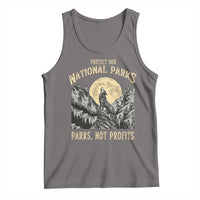 Heather gray tank top with vintage mountain graphic, sun circle, and 'PARKS, NOT PROFITS'