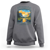 Charcoal crewneck sweatshirt with Yellowstone National Park retro landscape graphic
