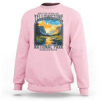 Light pink crewneck sweatshirt with Yellowstone National Park retro landscape graphic