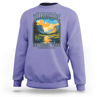 Violet crewneck sweatshirt with Yellowstone National Park retro landscape graphic