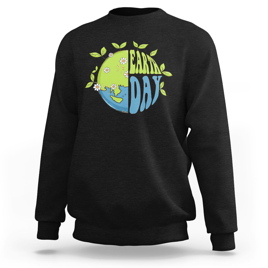 Black sweatshirt with Earth Day “Earth Day” graphic on the chest