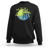 Black sweatshirt with Earth Day “Earth Day” graphic on the chest
