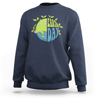 Navy sweatshirt with Earth Day “Earth Day” graphic on the chest