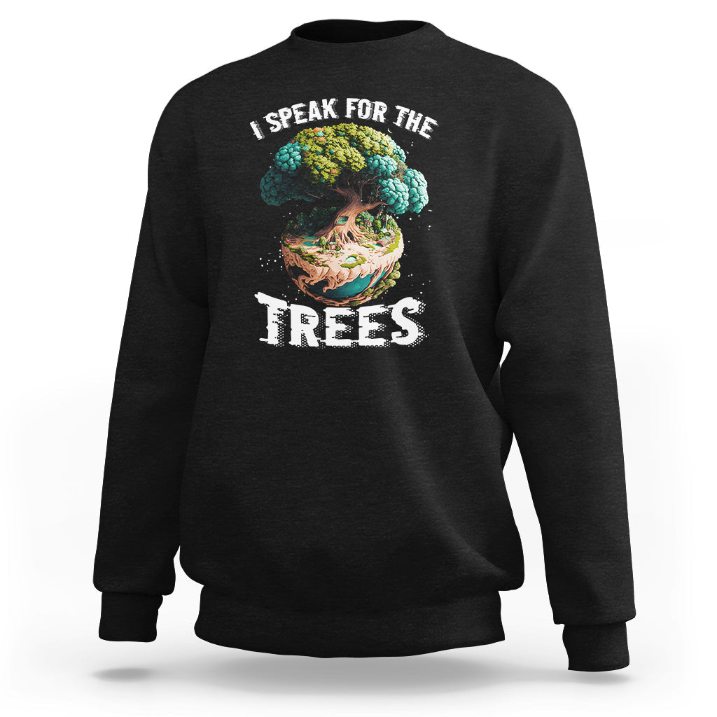 Black Earth Day crewneck sweatshirt with 'Speak for the Trees' tree graphic.