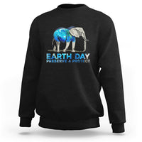Black Earth Day graphic sweatshirt with two elephants and “preserve & protect” text