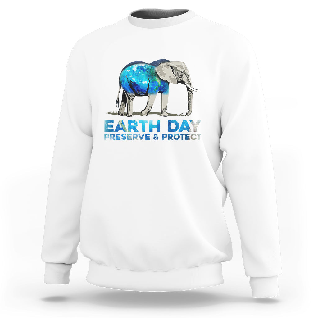 White Earth Day graphic sweatshirt with two elephants and “preserve & protect” text