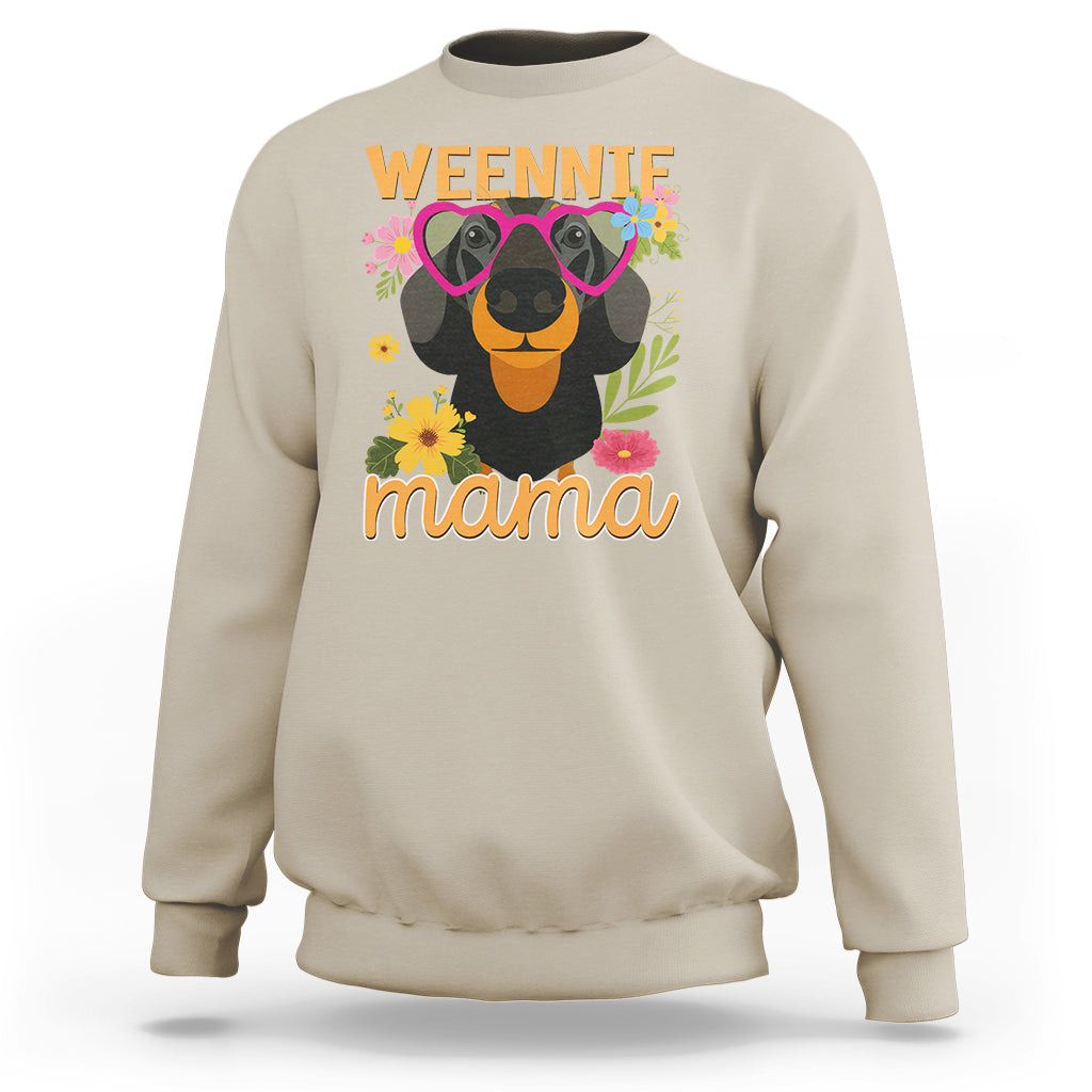 Sand beige sweatshirt with dachshund graphic and “Weennie mama” text on front