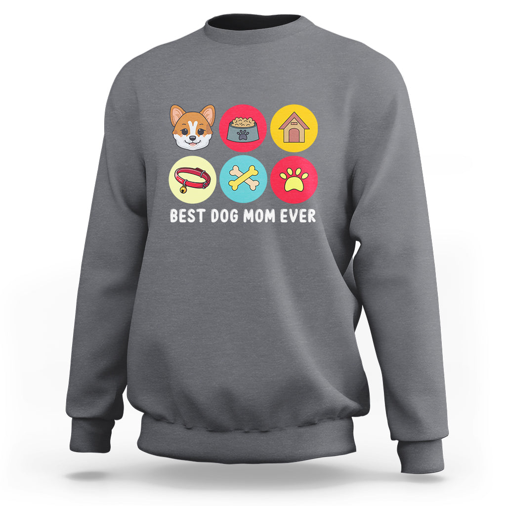 Dark heather gray dog mom sweatshirt with "Best Dog Mom Ever" graphic and paw icons