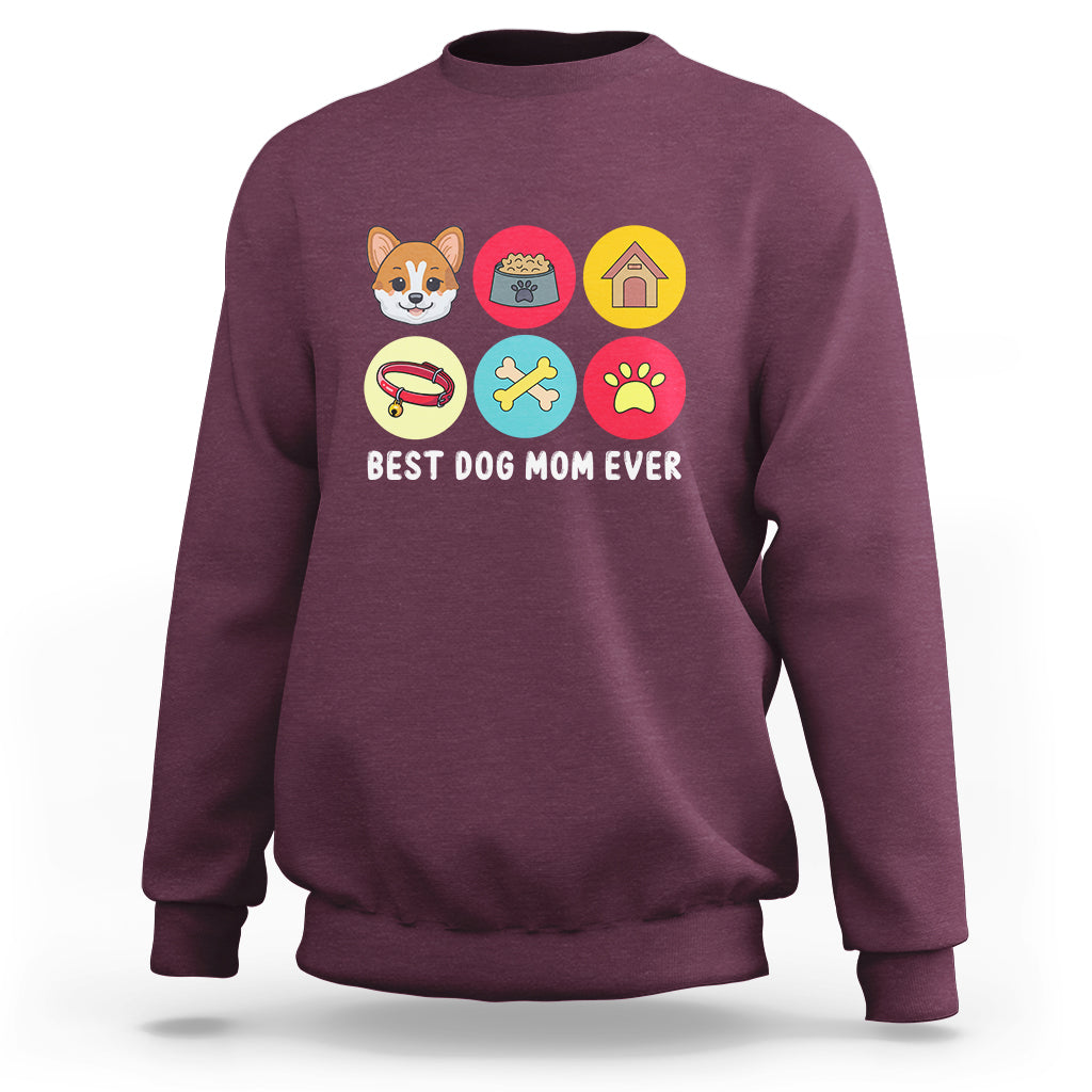 Maroon dog mom sweatshirt with "Best Dog Mom Ever" graphic and pet paw icons, crewneck