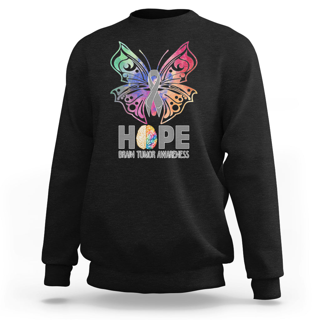Black sweatshirt with colorful butterfly HOPE graphic and brain tumor awareness text