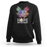 Black sweatshirt with colorful butterfly HOPE graphic and brain tumor awareness text
