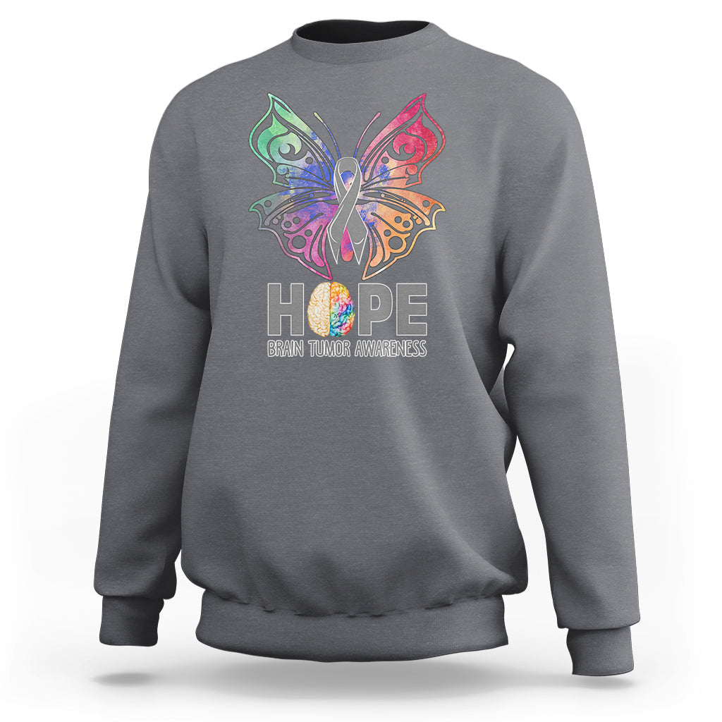 Charcoal gray sweatshirt with colorful butterfly HOPE graphic and brain tumor awareness text