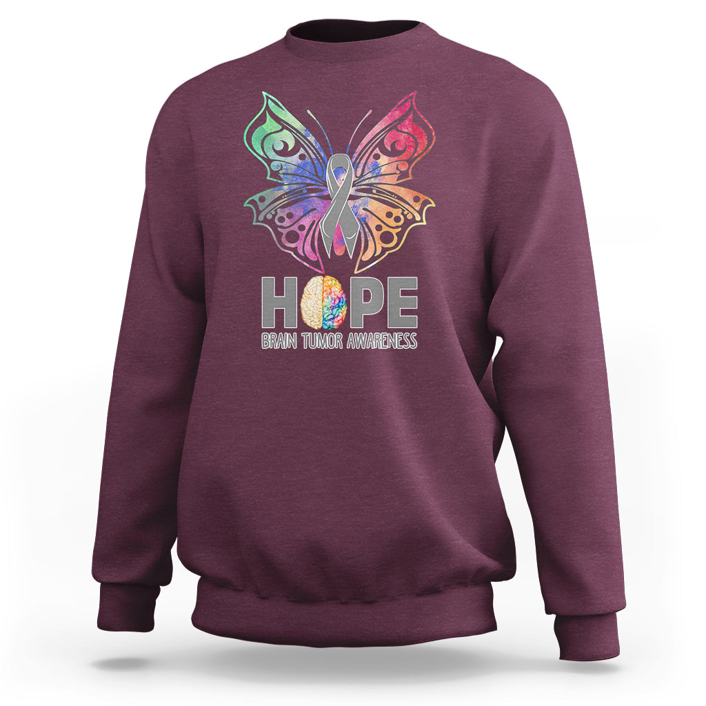 Maroon sweatshirt with colorful butterfly HOPE graphic and brain tumor awareness text