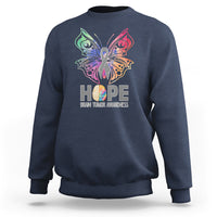 Navy blue sweatshirt with colorful butterfly HOPE graphic and brain tumor awareness text