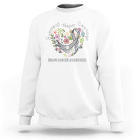 White brain cancer awareness sweatshirt with ribbon heart floral graphic and text