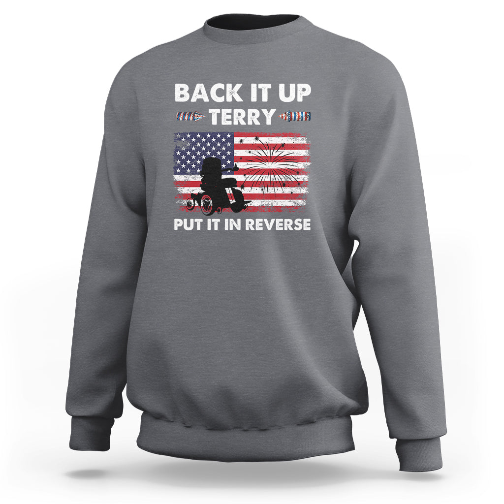 4th of July sweatshirt in heather gray with back graphic text and fireworks flag