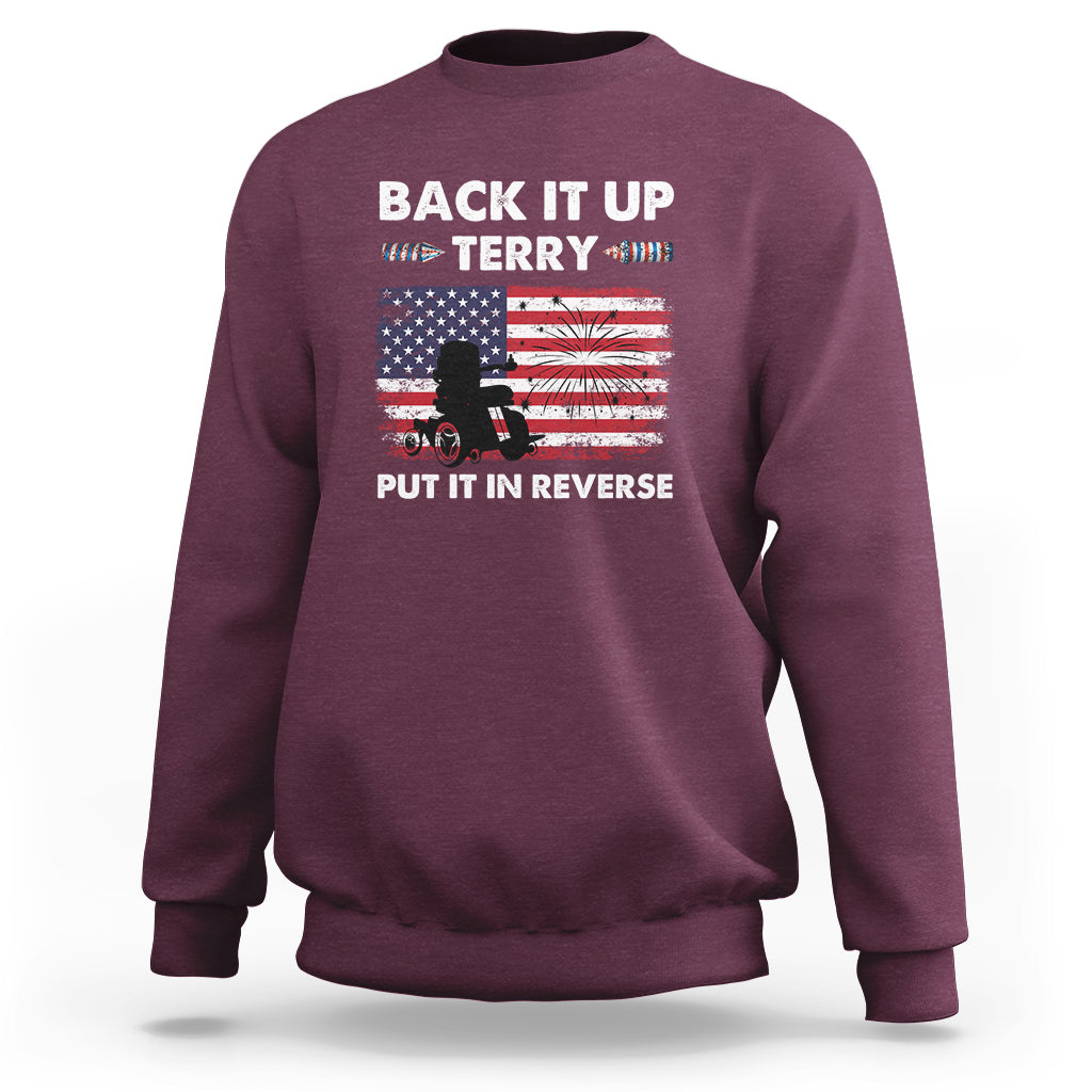 4th of July sweatshirt in maroon with back graphic text and fireworks flag
