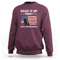 4th of July sweatshirt in maroon with back graphic text and fireworks flag
