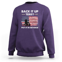 4th of July sweatshirt in purple with back graphic text and fireworks flag