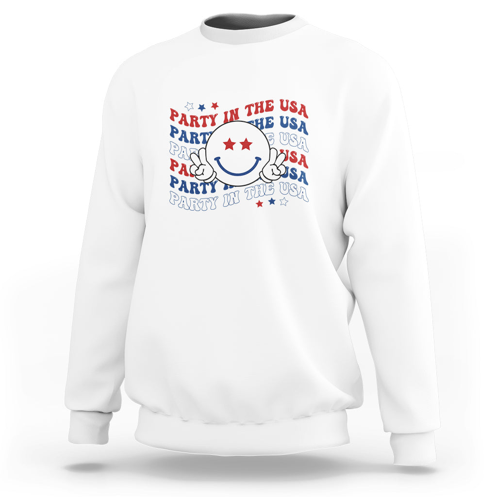 White crewneck sweatshirt with retro USA smiley graphic and text