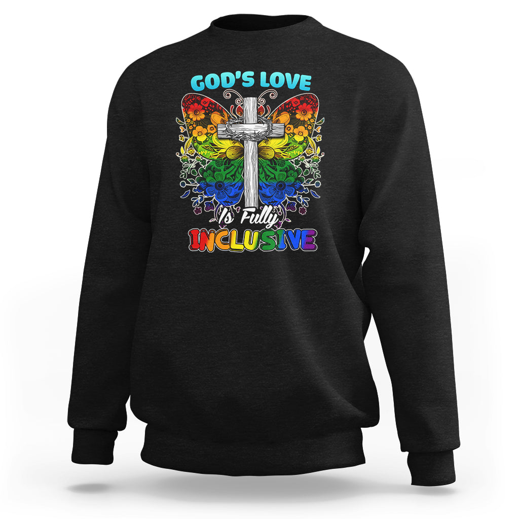 Black sweatshirt with colorful cross and “God’s Love” text graphic in center
