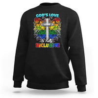 Black sweatshirt with colorful cross and “God’s Love” text graphic in center