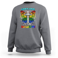 Charcoal gray sweatshirt with colorful cross and “God’s Love” text graphic