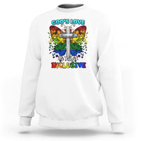 White sweatshirt with colorful cross and “God’s Love” “Fully Inclusive” graphic