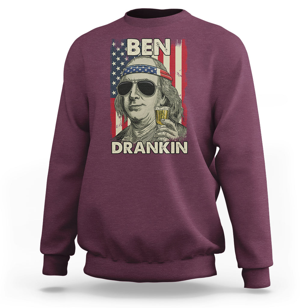 Maroon crewneck sweatshirt with Benjamin Franklin graphic and 'DRANKIN'' text
