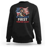 Black crewneck sweatshirt with George Washington flag graphic and quote text