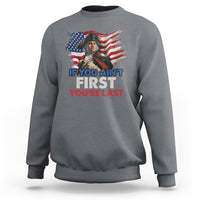 Charcoal gray crewneck sweatshirt with George Washington flag graphic and quote text