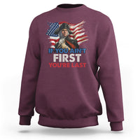Maroon crewneck sweatshirt with George Washington flag graphic and quote text