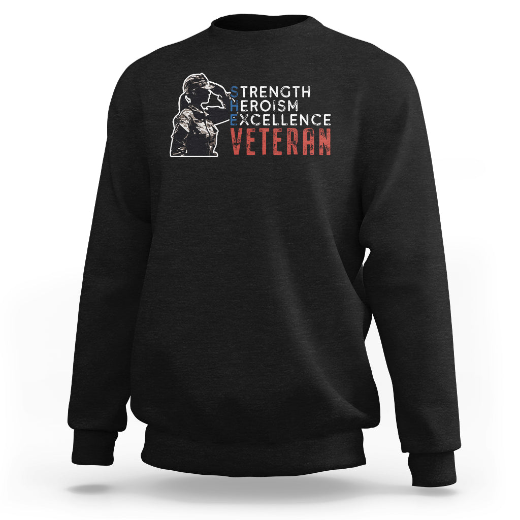 Women's veteran sweatshirt, black crewneck with strength heroism excellence graphic