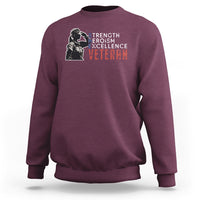 Women's veteran sweatshirt, maroon crewneck with strength heroism excellence graphic