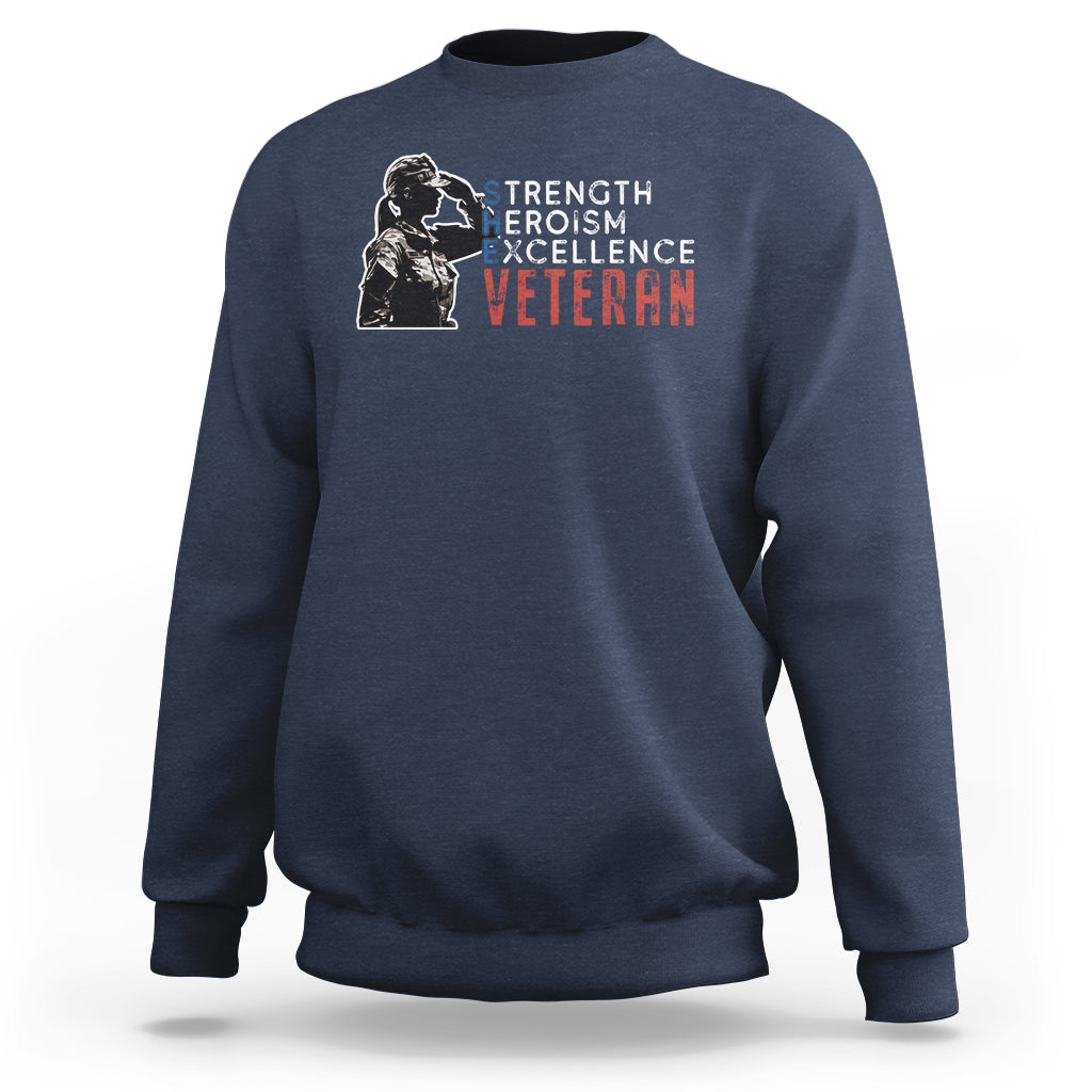 Women's veteran sweatshirt, navy crewneck with strength heroism excellence graphic