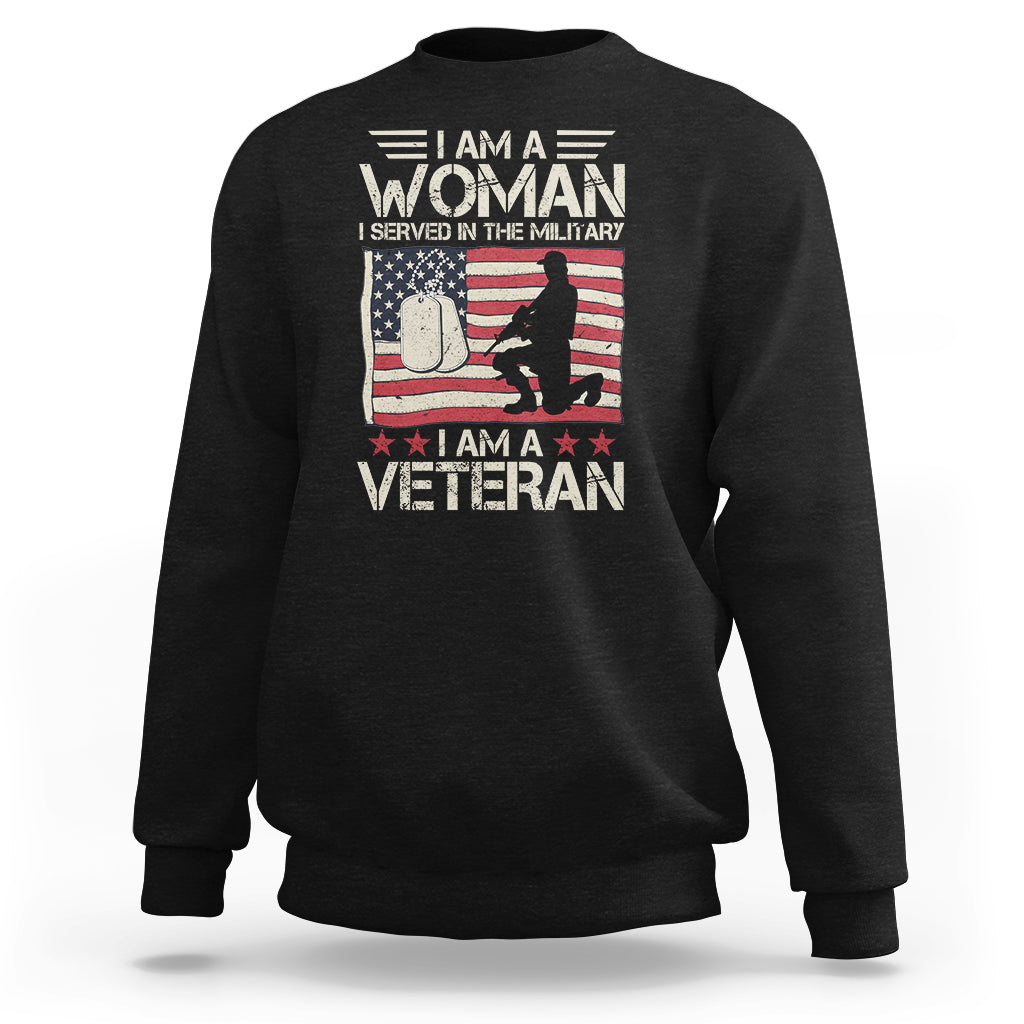 Black women’s sweatshirt with American flag veteran graphic and female soldier silhouette
