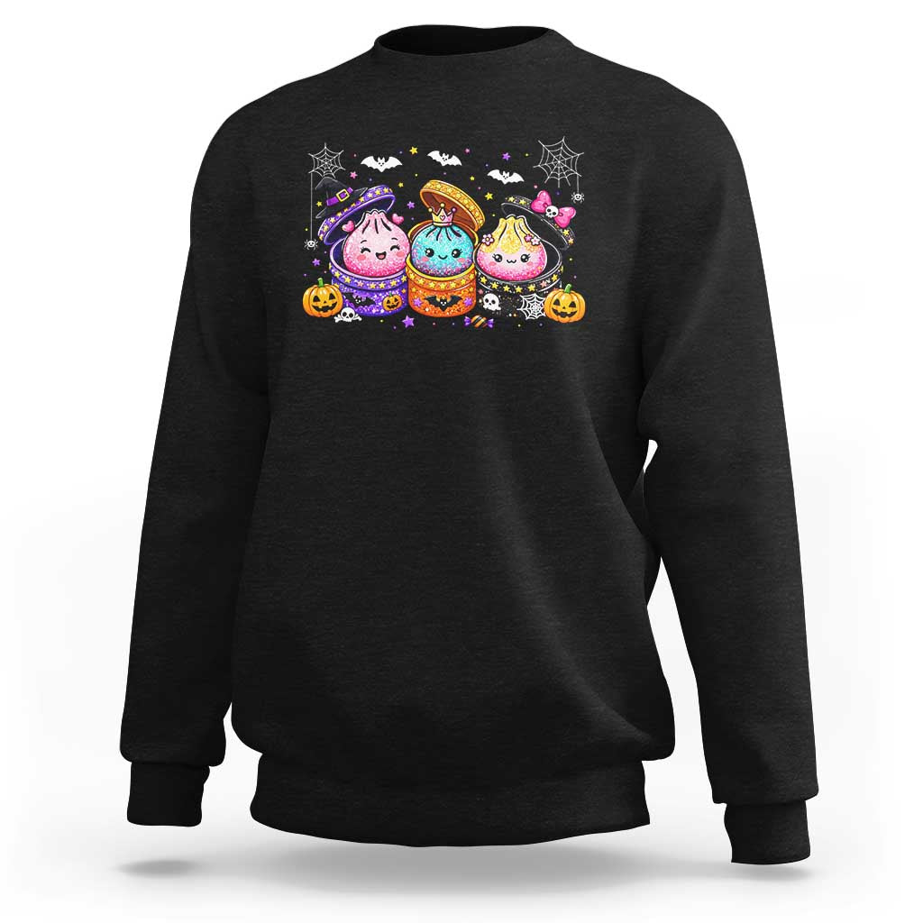 Cute Halloween Glitter Dumplings in Spooky Steamers Graphic Sweatshirt Kawaii Pumpkin Bat Witch