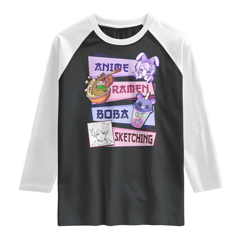 Anime Ramen Boba Sketching Raglan Shirt Kawaii Girl Bubble Tea Otaku Manga Lover Japanese Pop Culture