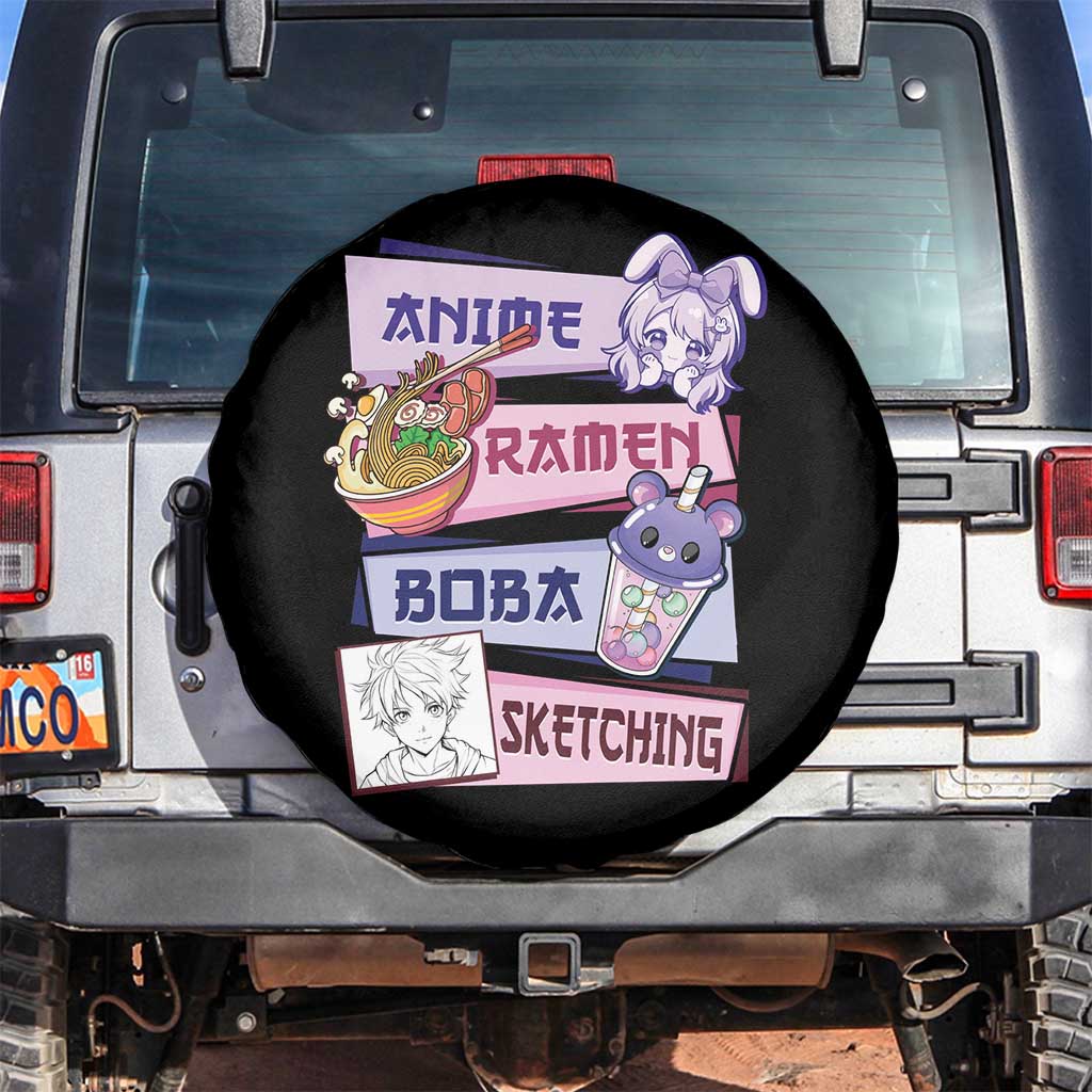 Anime Ramen Boba Sketching Spare Tire Cover Kawaii Girl Bubble Tea Otaku Manga Lover Japanese Pop Culture