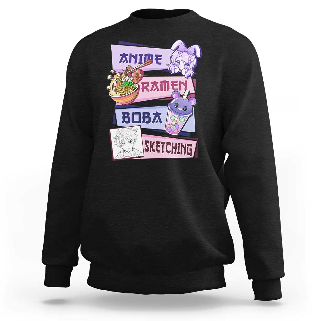 Black crewneck sweatshirt with colorful ramen and boba graphic on chest