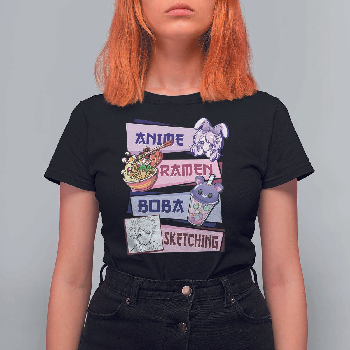 Anime Ramen Boba Sketching T Shirt For Women Kawaii Girl Bubble Tea Otaku Manga Lover Japanese Pop Culture - Wonder Print Shop