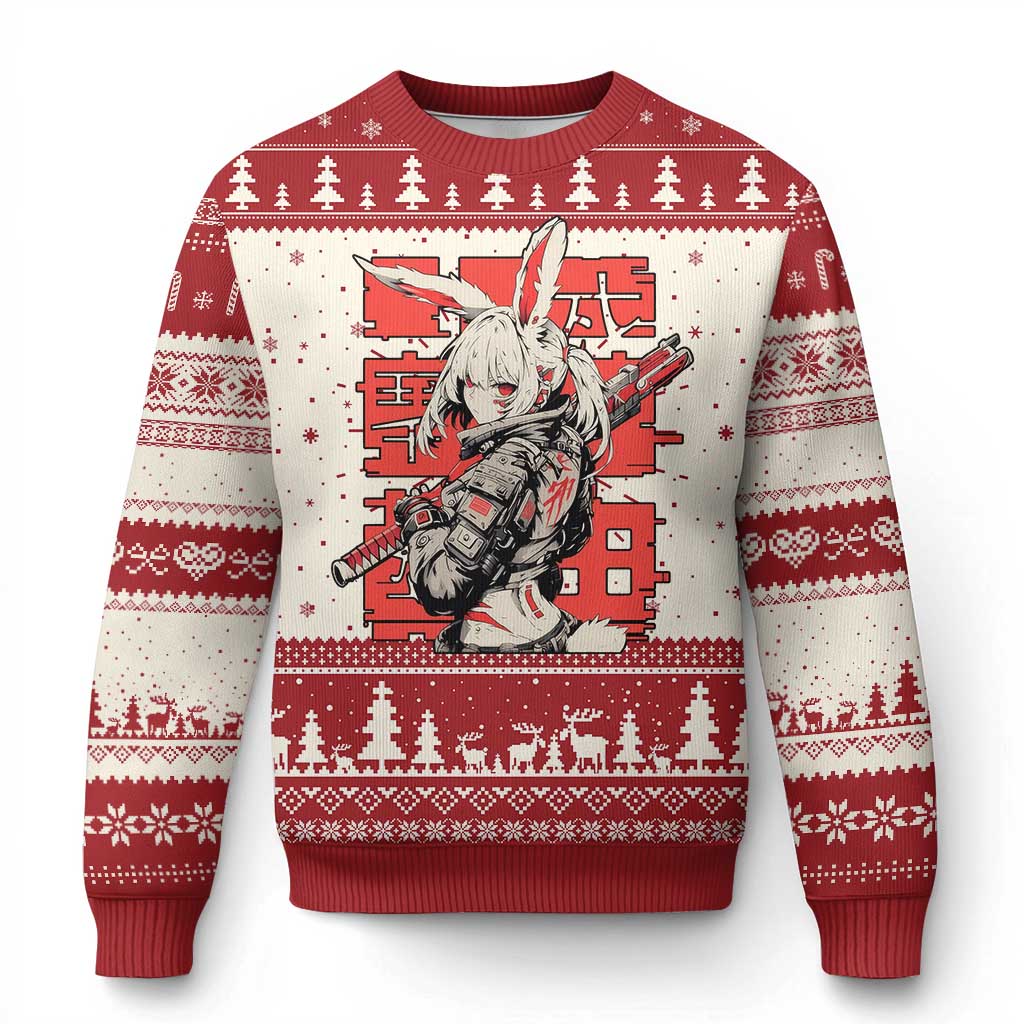 Red crewneck ugly Christmas sweater with bunny cyberpunk graphic and patterned borders