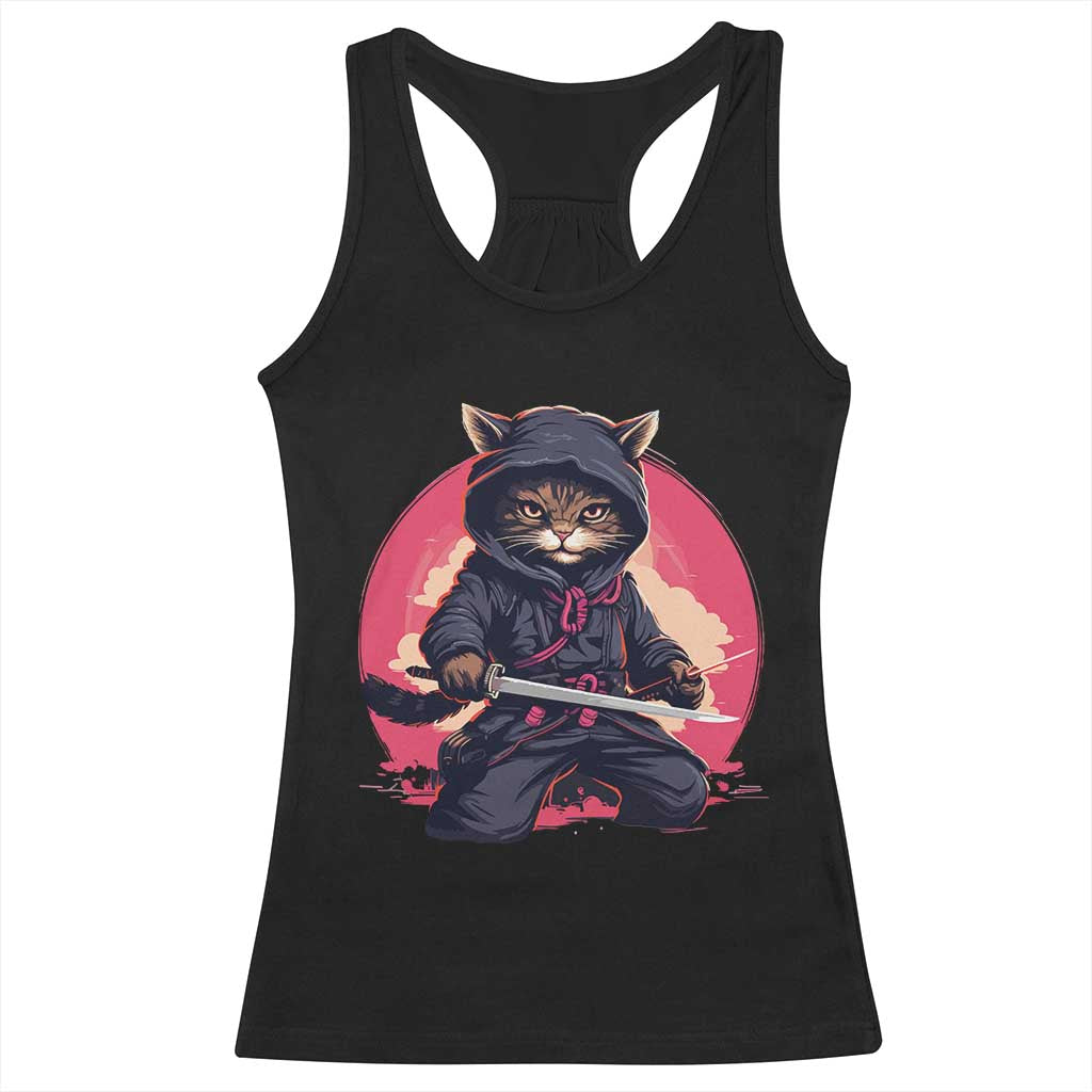 Japanese Ninja Cat Racerback Tank Top Ancient Japan Warrior Samurai Tattoo Kawaii Vintage