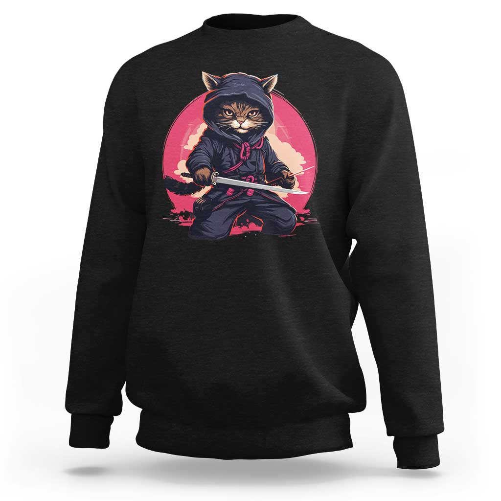 Black cat ninja sweatshirt with illustrated warrior cat graphic on chest