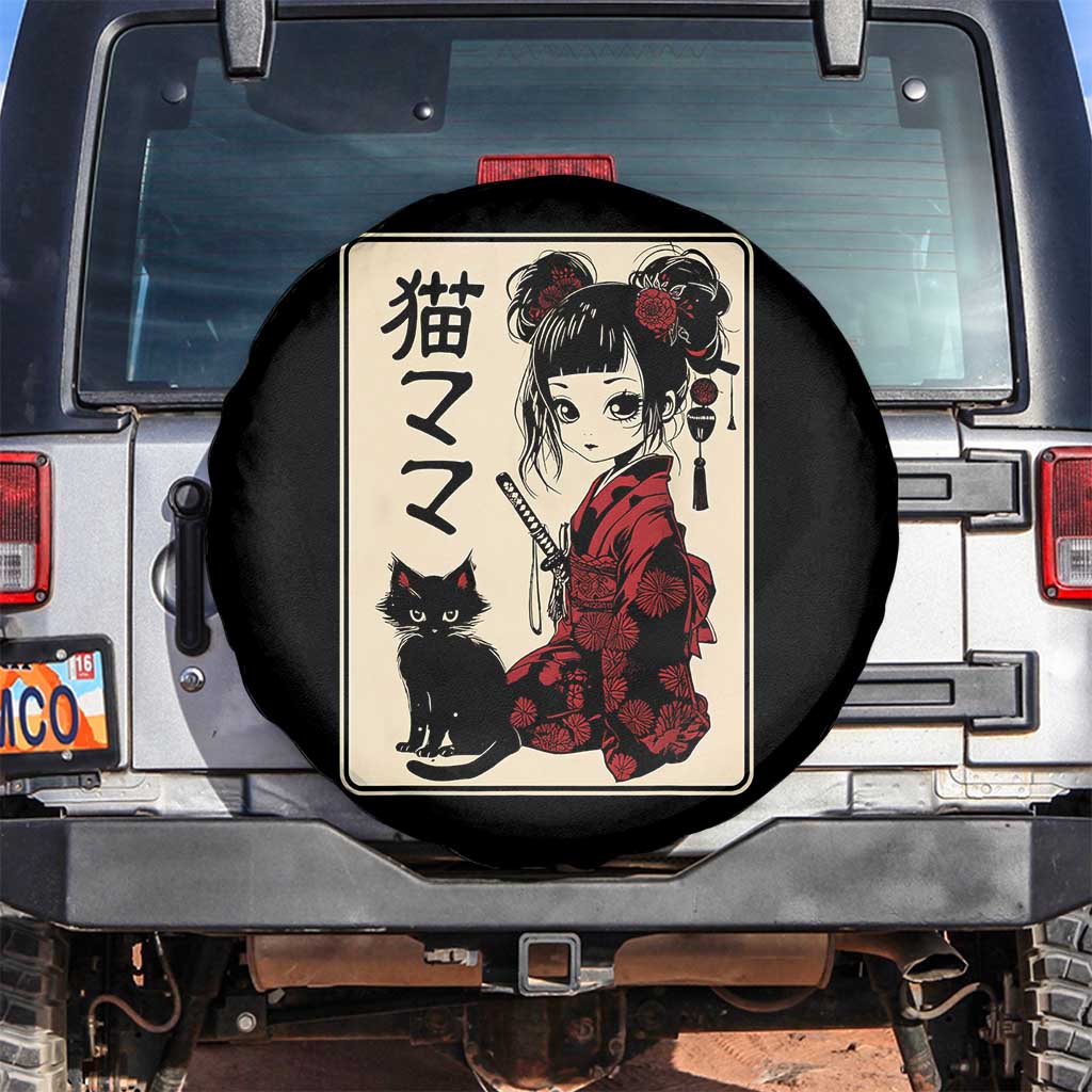 Japanese Gothic Kawaii Anime Samurai Cat Spare Tire Cover Japan Female Bushido Graphic With Kanji Retro Vintage