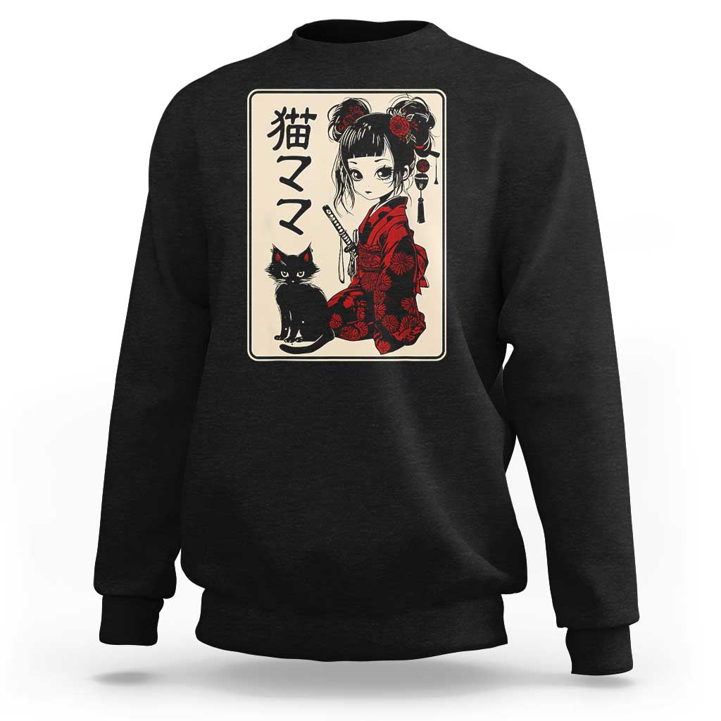 Black crewneck sweatshirt with back graphic of anime girl holding a sword and a black cat